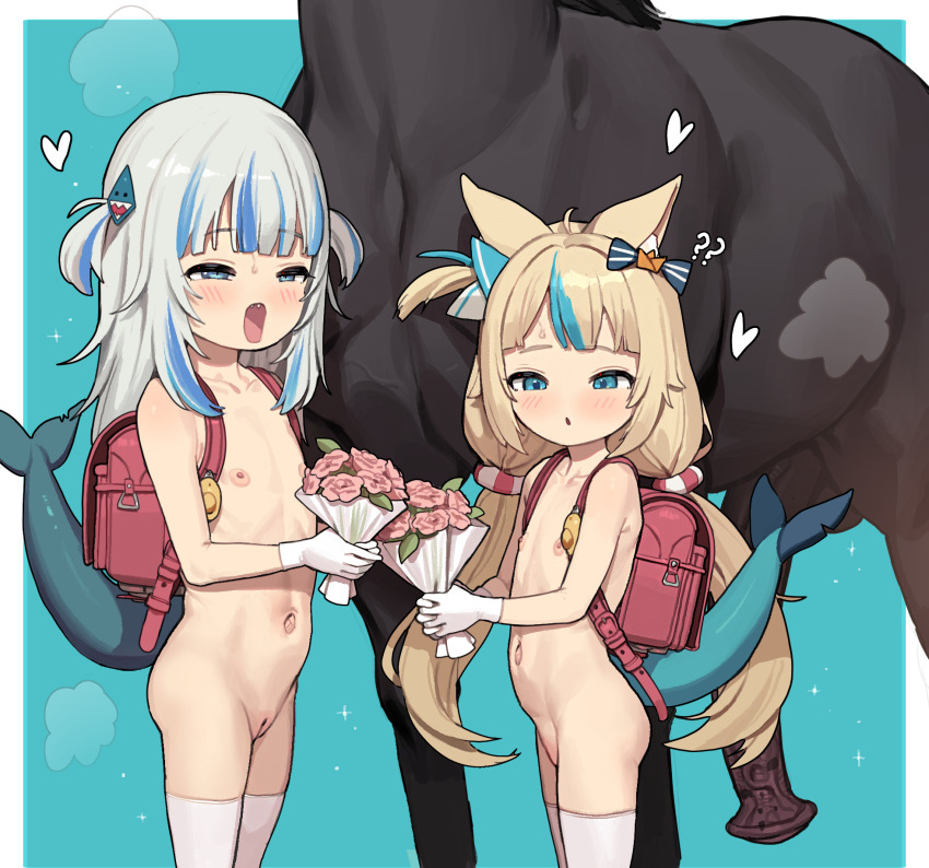 2girls ? ?? animal_ears animal_penis backpack bag blonde_hair blue_background blue_borscht blue_eyes blue_hair bouquet cat_ears cleft_of_venus commentary crime_prevention_buzzer english_commentary fins fish_girl fish_tail flat_chest flower gawr_gura gloves grey_hair hair_ornament half-closed_eyes has_bad_revision has_censored_revision heart highres holding holding_bouquet hololive hololive_english horse horse_penis indie_virtual_youtuber lifebuoy_hair_ornament loli long_hair low_twintails multicolored_hair multiple_girls navel nipples nude one_side_up open_mouth paid_reward_available penis pussy randoseru red_bag sameko_saba shark_girl shark_hair_ornament shark_tail simple_background streaked_hair tail textless_version thighhighs twintails two_side_up uncensored very_long_hair virtual_youtuber voice_actor_connection white_gloves white_thighhighs