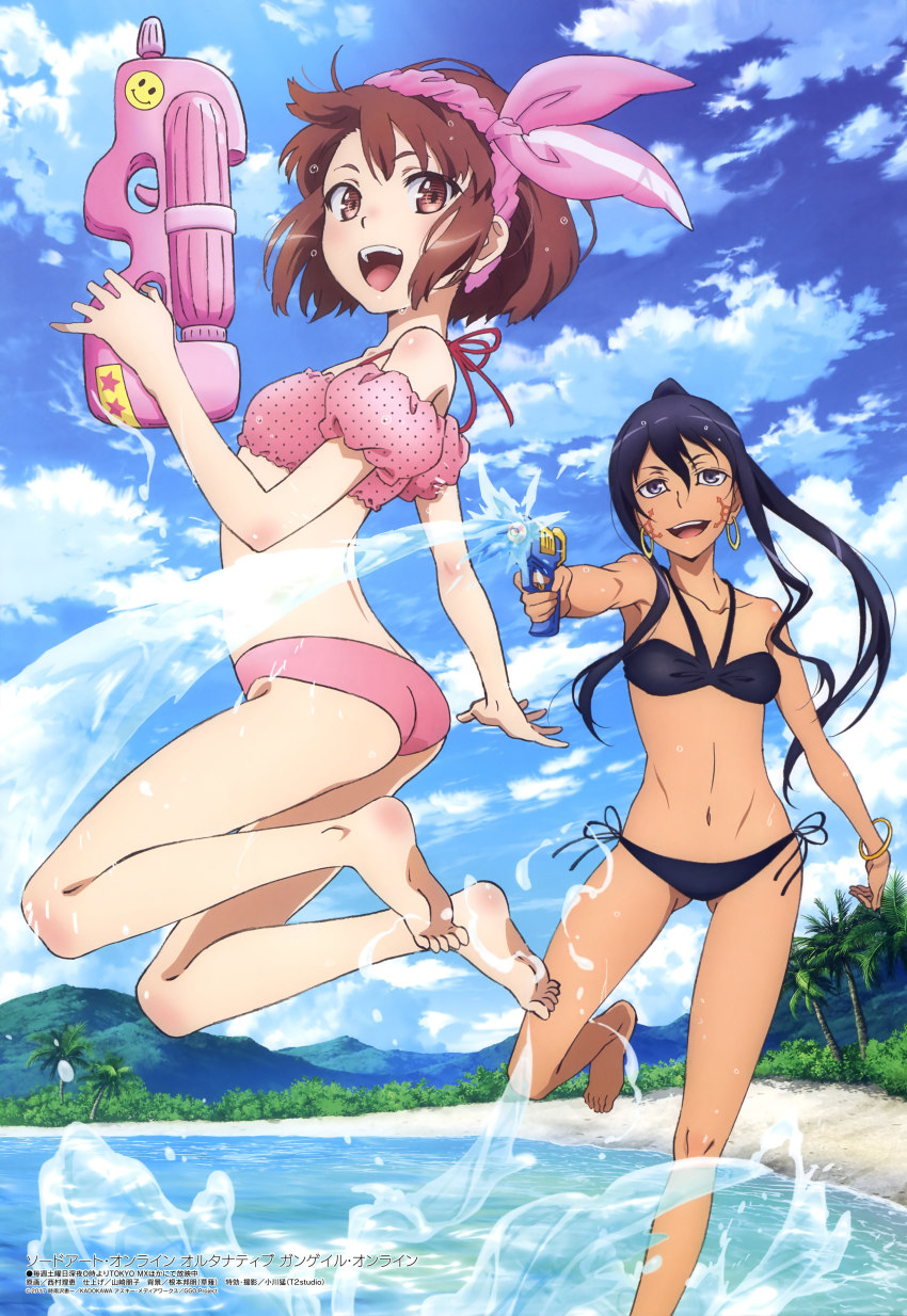 2girls :d absurdres aiming airborne armpits ass bare_shoulders barefoot bikini black_hair blue_sky blush body_blush bracelet breasts brown_eyes brown_hair bush cloud cloudy_sky collarbone dark-skinned_female dark_skin day earrings eyes_visible_through_hair gluteal_fold gold_bracelet gold_earrings grey_eyes gun hair_between_eyes hairband highres holding holding_gun holding_weapon jewelry jumping llenn_(sao) long_hair looking_at_another looking_at_viewer magazine_scan medium_breasts megami_magazine mountain multiple_girls navel nishimura_rie official_art open_hand open_mouth outdoors p-chan_(p90) palm_tree pink_bikini pink_hairband pinky_out pitohui_(sao) polka_dot polka_dot_bikini polka_dot_bikini_top ponytail round_teeth running sand scan shore short_hair side-tie_bikini_bottom sky small_breasts smile swimsuit sword_art_online sword_art_online_alternative:_gun_gale_online tattoo teeth tongue tree water water_gun weapon