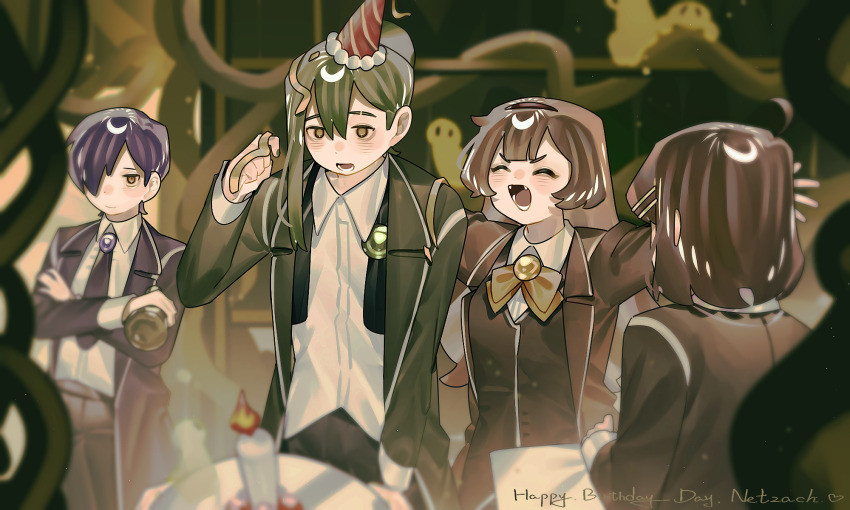 2boys 2girls ahoge ascot black_ascot black_necktie black_pants bottle bow bowtie brown_bow brown_bowtie brown_eyes brown_hair brown_jacket coat collared_shirt dress_shirt eyebrow_cut floor_of_art&#039;s_glowing_creature green_hair green_jacket hairband happy_birthday hat highres hod_(project_moon) holding holding_bottle indoors jacket lapels library_of_ruina long_hair malkuth_(project_moon) multiple_boys multiple_girls necktie netzach_(project_moon) pants party_hat project_moon purple_coat purple_hair shirt short_hair streamers toeiki_c undone_ascot white_shirt yesod_(project_moon)
