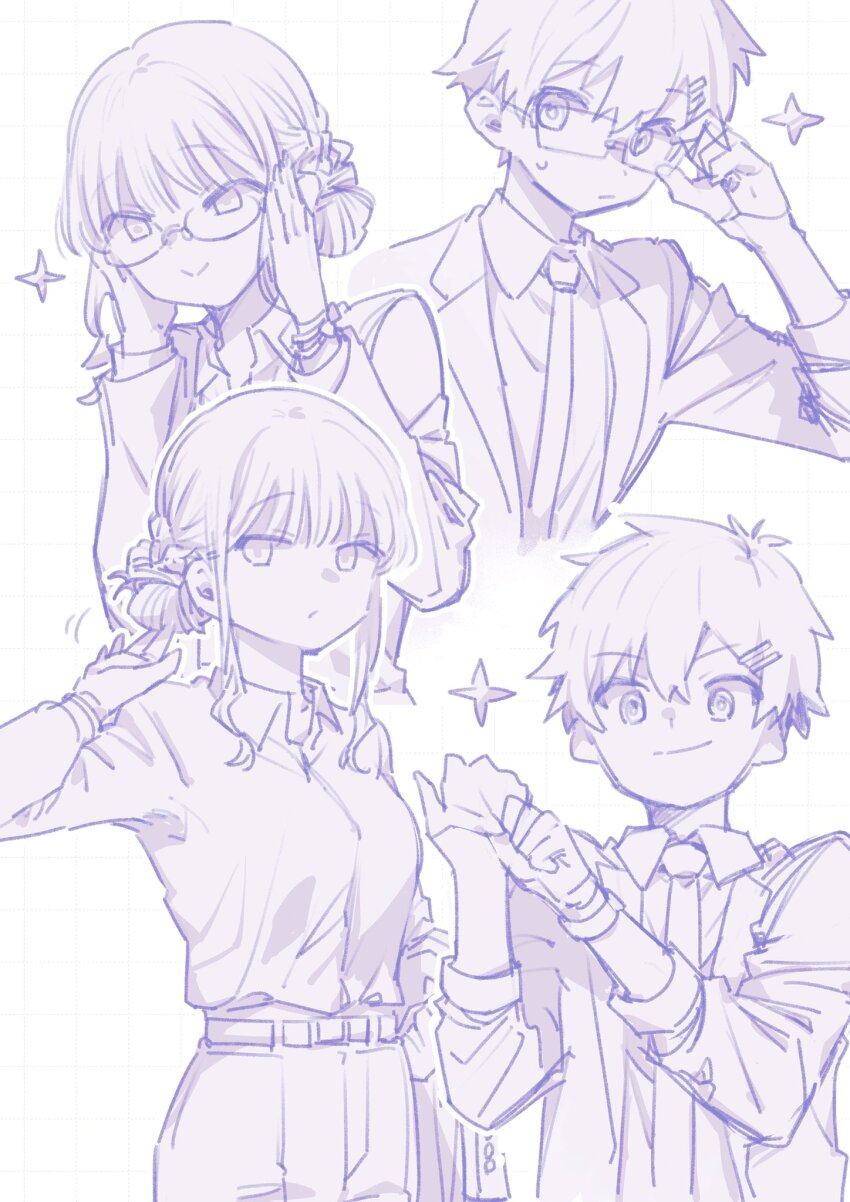 1boy 1girl asanaka_yomogi braid breasts brown_hair cosplay formal_clothes glasses gloves gorillapan_z gridman_universe gridman_universe_(movie) hair_ornament hairclip highres jacket long_hair long_sleeves looking_at_viewer minami_yume monochrome necktie open_mouth shirt short_hair smile suit sunglasses sweatdrop
