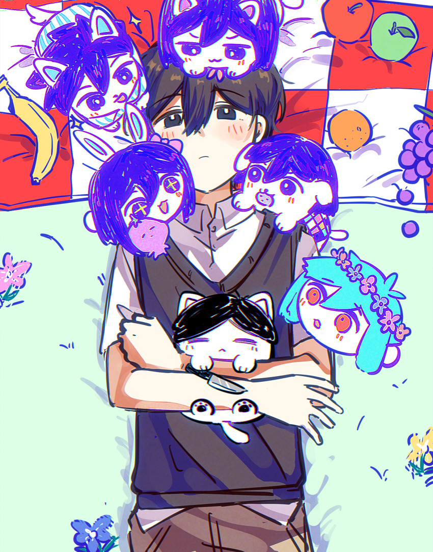 1boy animalization antenna_hair apple aubrey_(headspace)_(omori) aubrey_(omori) bailan1130 banana basil_(headspace)_(omori) basil_(omori) black_eyes black_hair black_sweater_vest blanket blush brown_shorts cat checkered_blanket closed_mouth collared_shirt dog food fruit grapes green_hair hero_(headspace)_(omori) hero_(omori) highres kel_(headspace)_(omori) kel_(omori) knife lying male_focus mari_(headspace)_(omori) mari_(omori) omori omori_(omori) on_back orange_(fruit) picnic_blanket purple_eyes purple_hair rabbit red_eyes shirt short_sleeves shorts solo sweater_vest white_shirt