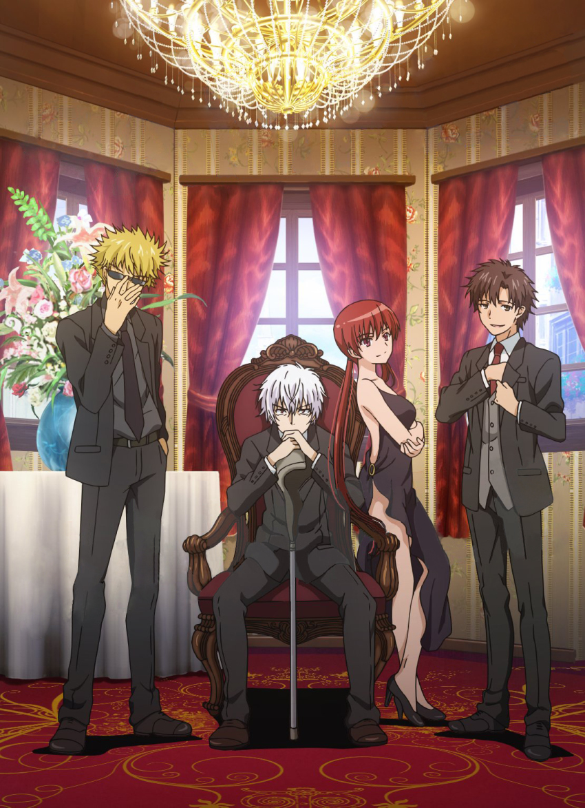 1girl 3boys accelerator_(toaru_majutsu_no_index) black_dress blonde_hair brown_eyes brown_hair dress etzali formal_clothes highres legs long_hair multiple_boys musujime_awaki official_art red_hair suit sunglasses toaru_majutsu_no_index tsuchimikado_motoharu white_hair