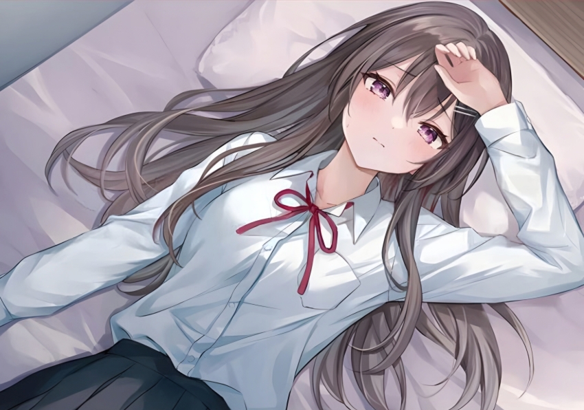 1girl amada_miyuki arm_up bed black_skirt blush brown_hair closed_mouth highres jinsei_gyakuten:_uwaki_sare_enzai_wo_kiserareta_ore_ga_gakuen_ichi_no_bishoujo_ni_natsukareru long_hair long_sleeves looking_at_viewer lying official_art pink_hair red_ribbon ribbon school_uniform shirt skirt solo very_long_hair white_blanket white_shirt
