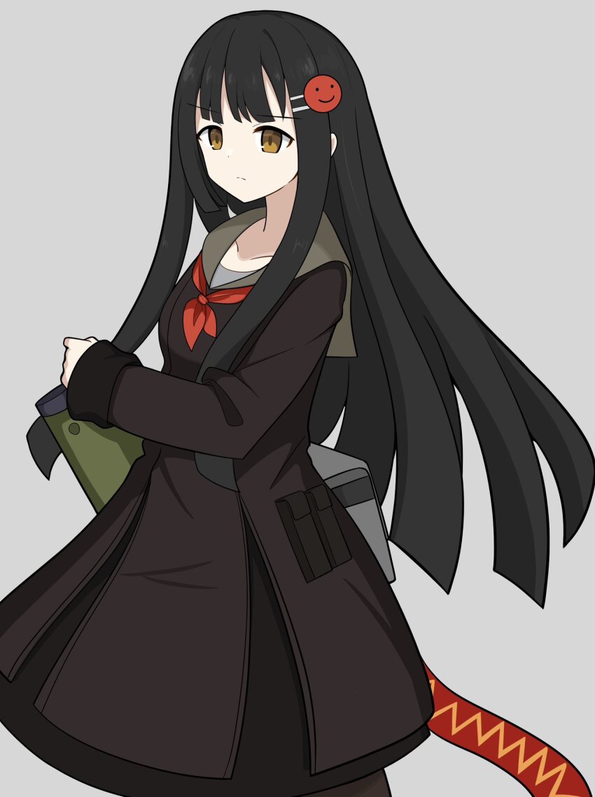 1girl black_hair black_skirt collarbone cowboy_shot dot_nose grey_sailor_collar gun hair_ornament hairpin highres holding holding_gun holding_weapon light_frown lisichka_(sentinel_girls) long_bangs long_hair long_sleeves looking_ahead neckerchief red_neckerchief rifle sailor_collar sentinel_girls sidelocks simple_background sironuigurumi skirt sleeve_cuffs smiley_hair_ornament solo v-shaped_eyebrows very_long_hair weapon white_background yellow_eyes