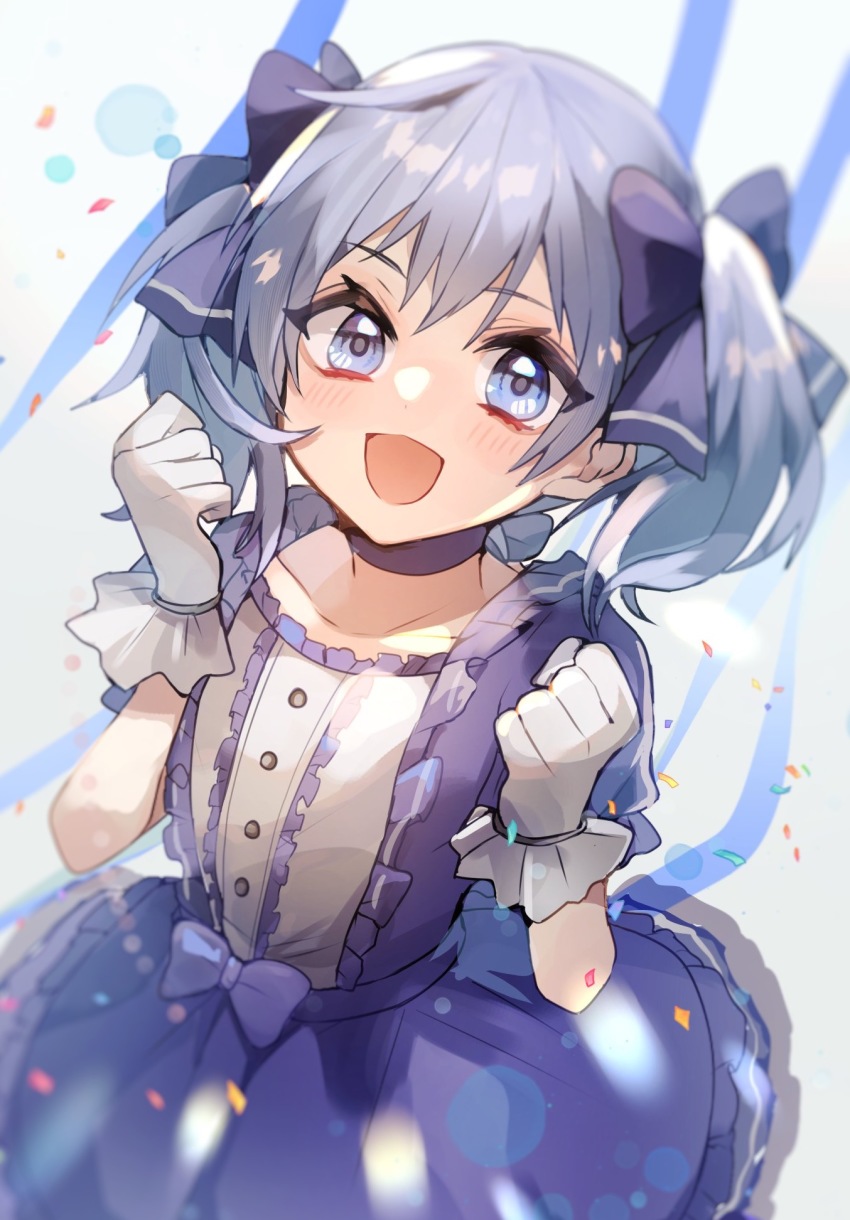 1girl blue_dress blue_eyes blue_hair blue_ribbon blurry blush commentary_request commission confetti depth_of_field dress gloves gradient_background hair_ribbon highres looking_at_viewer nijisanji ribbon shirano_akihiro skeb_commission smile solo twintails virtual_youtuber yuuki_chihiro yuuki_chihiro_(1st_costume)