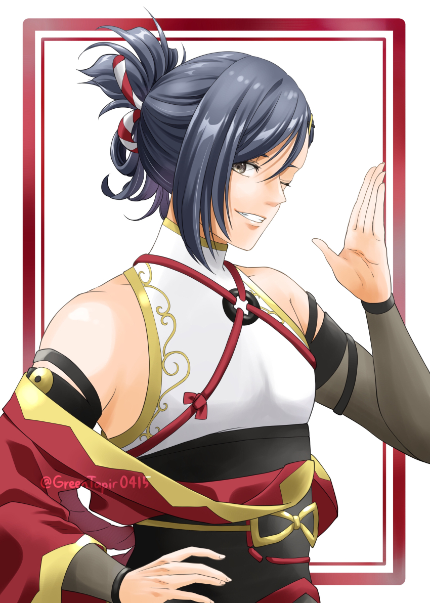 1boy absurdres artist_name bare_shoulders blue_hair border commentary_request fire_emblem fire_emblem_engage hair_intakes half_updo hand_on_own_hip highres kagetsu_(fire_emblem) male_focus medium_hair midori_no_baku nintendo red_border simple_background solo twitter_username upper_body white_background
