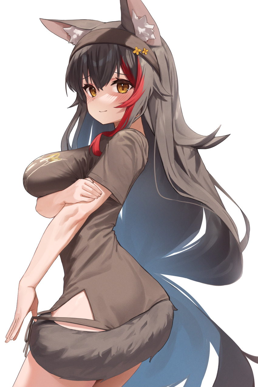 1girl absurdly_long_hair absurdres animal_ear_fluff animal_ears arm_under_breasts ass black_hair black_hairband black_shirt blush breasts cowboy_shot hairband hand_on_own_arm highres hololive large_breasts long_hair multicolored_hair no_pants ookami_mio red_hair shirt simple_background solo streaked_hair tail two-tone_hair very_long_hair virtual_youtuber white_background wolf_ears wolf_girl wolf_tail woogi_(duguddnr) yellow_eyes