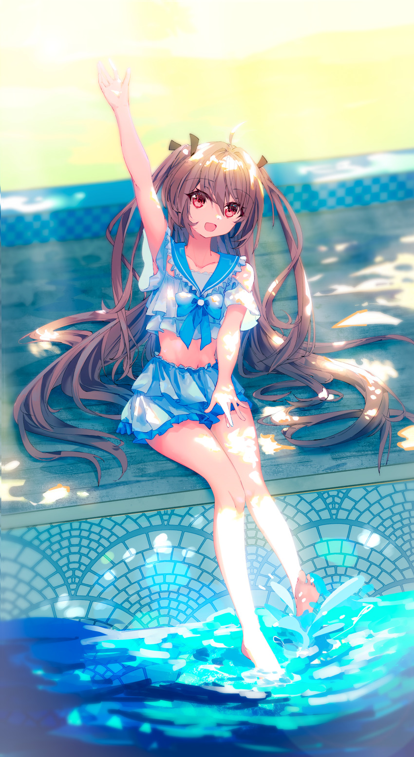 1girl :d absurdres ahoge alternate_costume arm_up atri atri-my_dear_moments- bare_shoulders barefoot bikini bikini_skirt black_ribbon blue_bikini blue_bow blue_sailor_collar blurry blurry_background bow bow_bikini brown_hair collarbone commentary dappled_sunlight day frilled_bikini frilled_sailor_collar frills full_body hair_intakes hair_ribbon hair_spread_out happy highres knees_together_feet_apart long_hair looking_at_viewer midriff navel open_hand open_mouth outdoors pokemongundam poolside red_eyes ribbon sailor_bikini sailor_collar sitting smile soaking_feet soles solo sunlight swimsuit two_side_up very_long_hair water waving