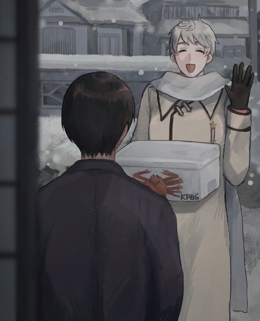 2boys axis_powers_hetalia back black_gloves black_hair box closed_eyes coat collared_coat commentary_request cowboy_shot day doorway from_behind from_inside gloves grey_hair grey_sky hands_up haori highres himoon666 holding holding_box house japan_(hetalia) japanese_clothes long_sleeves male_focus medal multiple_boys open_mouth outdoors russia_(hetalia) russian_text scarf short_hair sky smile snow snowing standing star_ornament white_coat white_scarf winter