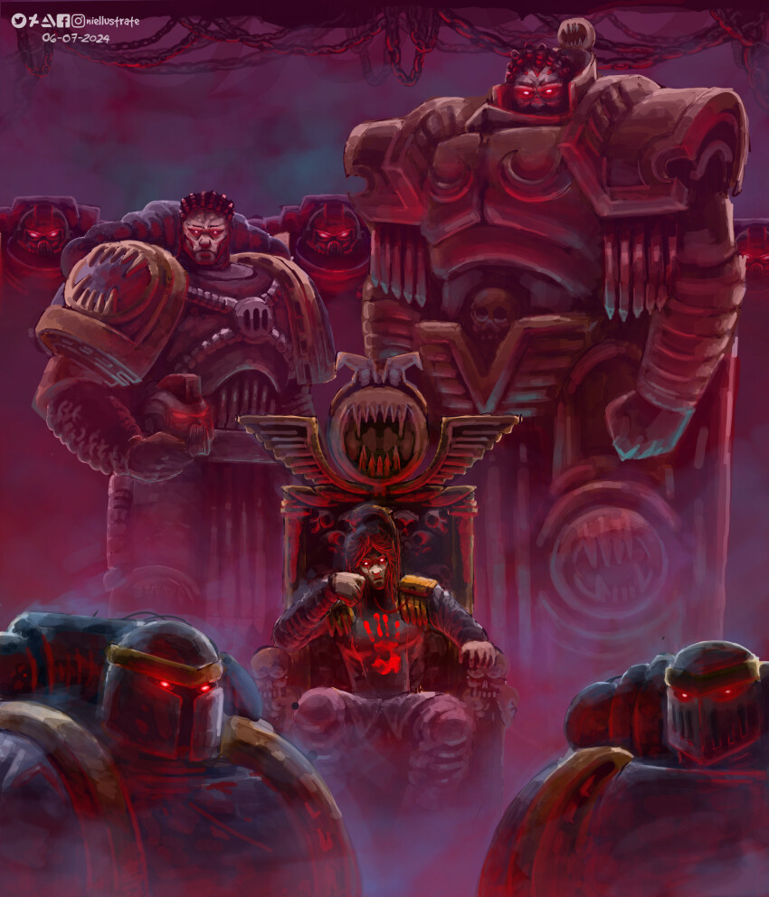 2024 absurdres adeptus_astartes angron armor artist_name artstation_logo artstation_username breastplate cable chain chaos_(warhammer) chaos_space_marine commentary dated deviantart_logo deviantart_username english_commentary facebook_logo facebook_username glowing glowing_eyes helmet highres holding holding_helmet instagram_logo instagram_username niellustrate pauldrons power_armor primarch red_eyes shoulder_armor sitting_on_throne skull throne twitter_logo twitter_username warhammer_40k world_eaters