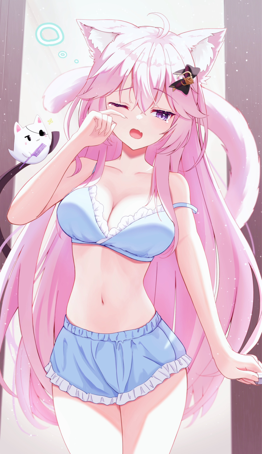 1girl absurdres animal_ears bloomers blue_bloomers blue_bra blush bra breasts cat_ears cat_girl highres indie_virtual_youtuber large_breasts long_hair looking_at_viewer navel nohanenoe nyatasha_nyanners one_eye_closed open_mouth pink_hair rubbing_eyes solo stomach thighs underwear virtual_youtuber