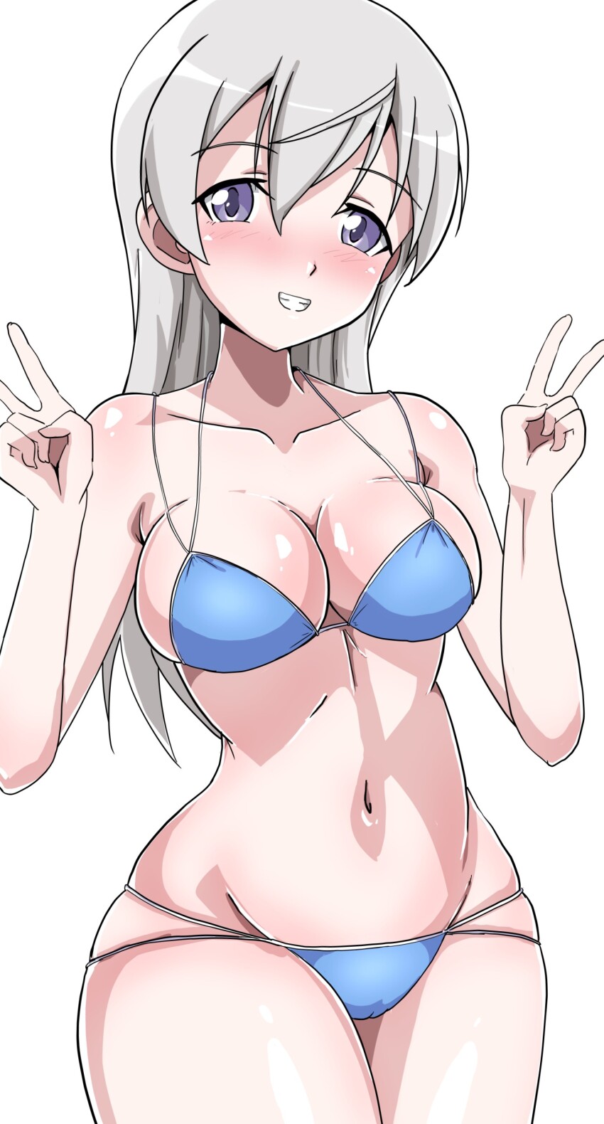 1girl absurdres bikini blue_bikini blue_eyes blush breasts cameltoe cleavage collarbone double_v eila_ilmatar_juutilainen grin highres large_breasts long_hair looking_at_viewer mirage4000000 navel simple_background smile solo strike_witches swimsuit v white_background white_hair world_witches_series