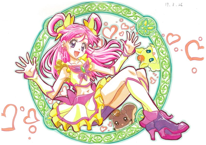 1girl :d arm_warmers bike_shorts boots bow butterfly_hair_ornament coco_(yes!_precure_5) cure_dream frilled_skirt frilled_sleeves frills hair_ornament hair_rings heart highres itaoka1 light_blush midriff nuts_(yes!_precure_5) open_mouth palms pink_boots pink_bow pink_hair precure purple_eyes shirt skirt smile white_background yellow_shirt yellow_skirt yes!_precure_5