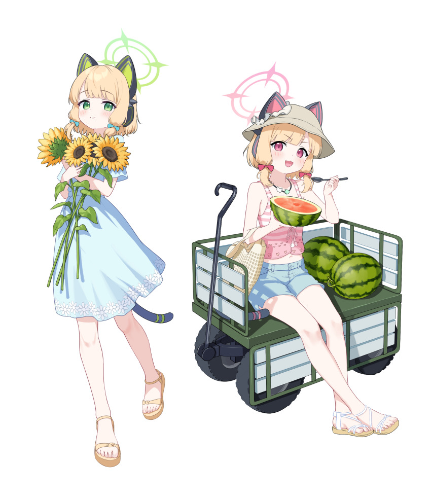 2girls absurdres animal_ear_headphones animal_ears blonde_hair blue_archive blue_bow blue_dress blue_shorts blunt_bangs blush bow brown_hat cat_ear_headphones closed_mouth dress fake_animal_ears flower food fruit green_eyes hair_bow hat headphones highres holding holding_flower holding_food holding_fruit holding_spoon holding_watermelon looking_at_viewer medium_hair midori_(blue_archive) momoi_(blue_archive) multiple_girls open_mouth pink_bow pink_eyes pink_tank_top sandals short_shorts short_sleeves shorts sidelocks sitting smile spoon sunflower supersugar tank_top toes watermelon white_sandals yellow_sandals