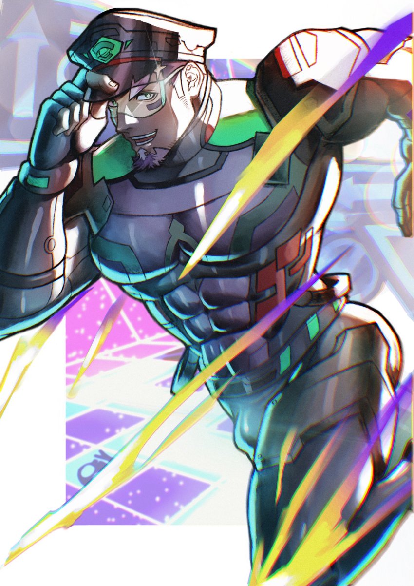 1boy abs bara black_bodysuit bodysuit bulge commentary_request covered_abs dark-skinned_male dark_skin facial_hair facial_mark goatee green_eyes hat highres large_pectorals live_a_hero long_sideburns ma_am_00 male_focus mature_male muscular muscular_male pectorals purple_hair road_sign shaft_(live_a_hero) short_hair sideburns sign smile solo thick_eyebrows thick_thighs thighs