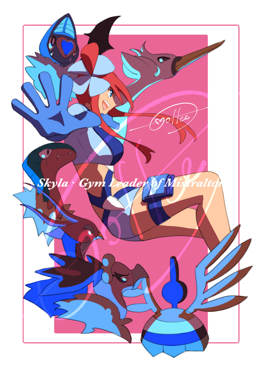1girl :d absurdres archeops blue_gloves blue_jacket blue_shorts border breasts cccacademia character_name gen_5_pokemon gloves hair_ornament highres jacket mandibuzz mixed-language_commentary nintendo one_side_up open_mouth pokemon pokemon_(creature) pokemon_bw pouch red_hair short_shorts shorts sidelocks sigilyph signature skyla_(pokemon) smile spread_fingers swanna swoobat teeth thigh_pouch unfezant unfezant_(male) upper_teeth_only white_border