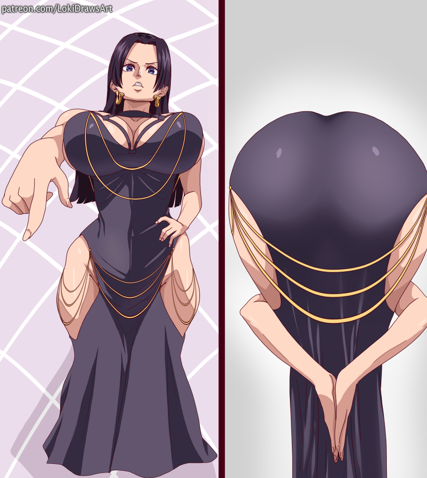 1girl absurdres alternate_costume arms_behind_back ass bare_arms bare_shoulders bent_over black_dress black_hair blue_eyes boa_hancock breasts dress earrings feet_out_of_frame female_focus femdom from_below grey_background grid_background hand_on_own_hip highres hip_vent huge_breasts jewelry legs_together lokidrawsart meme_attire modakawa_dress multiple_views no_lady_on_twitter_can_recreate_this_(meme) one_piece patreon_username pointing pov purple_dress simple_background snake_earrings standing v-shaped_eyebrows