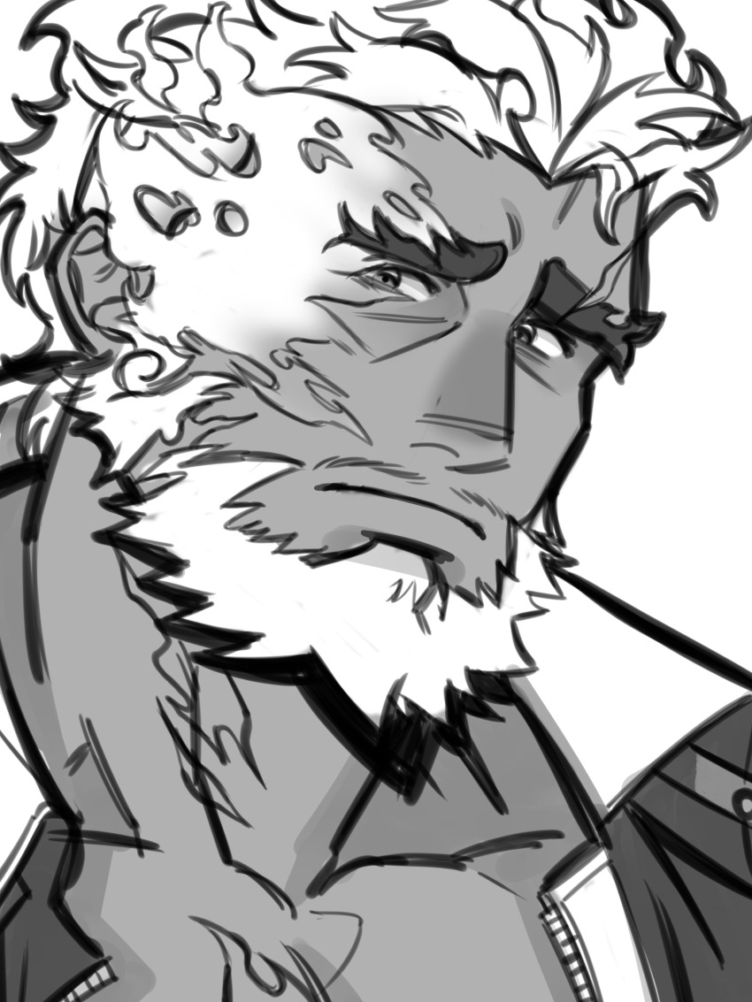 1boy absurdres bara beard boarsunrise collared_jacket dark-skinned_male dark_skin eyebrow_cut facial_hair flaming_eye greyscale hephaestus_(housamo) highres huge_eyebrows jacket male_focus mature_male monochrome muscular muscular_male mustache_stubble pectoral_cleavage pectorals portrait sad short_hair solo stubble tokyo_houkago_summoners zipper