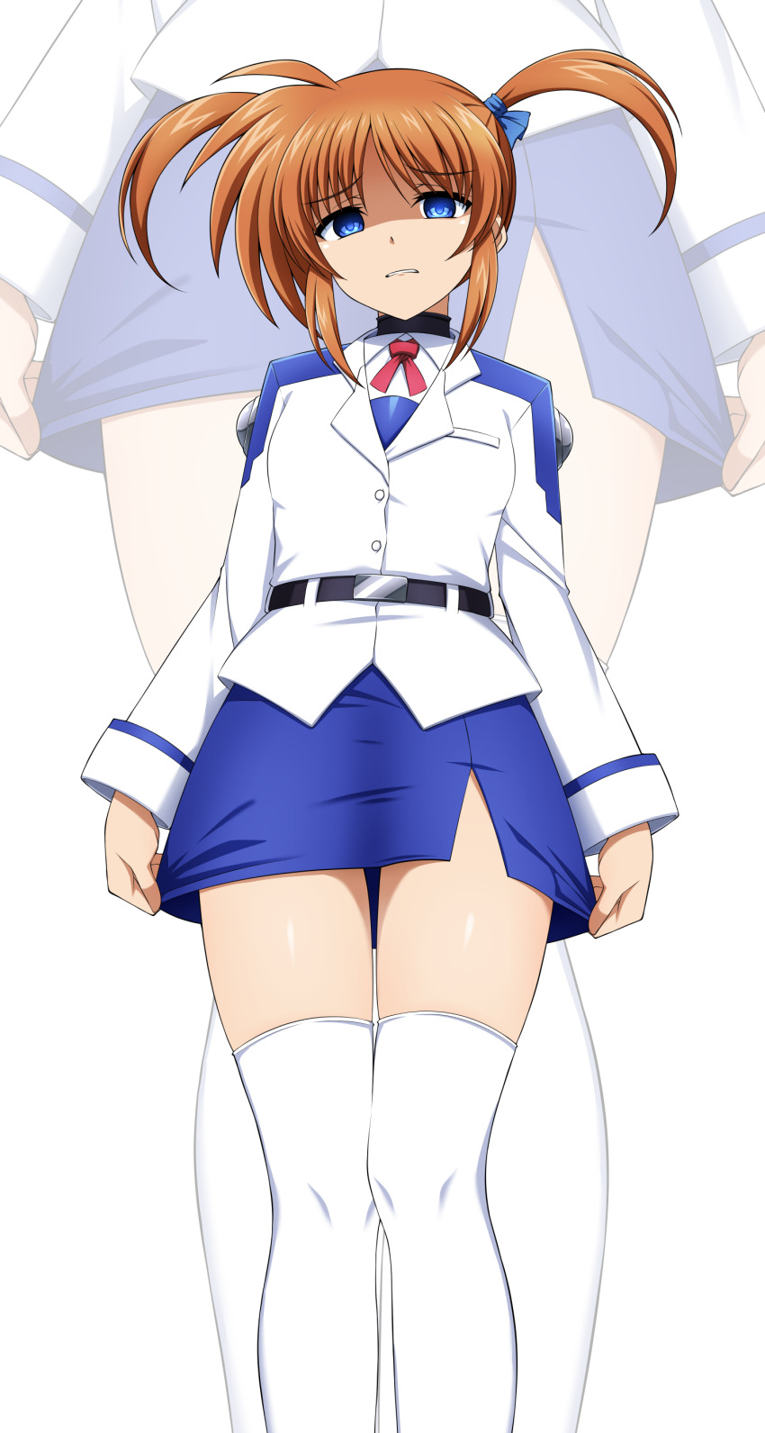 1girl absurdres adjusting_skirt annoyed belt blue_eyes brown_hair buckle eyebrows_hidden_by_hair hair_ribbon highres long_sleeves looking_at_viewer lyrical_nanoha mahou_shoujo_lyrical_nanoha military_uniform oshimaru026 pencil_skirt red_ribbon ribbon shaded_face sidelocks skirt solo takamachi_nanoha thighhighs tsab_air_military_uniform twintails white_background zoom_layer