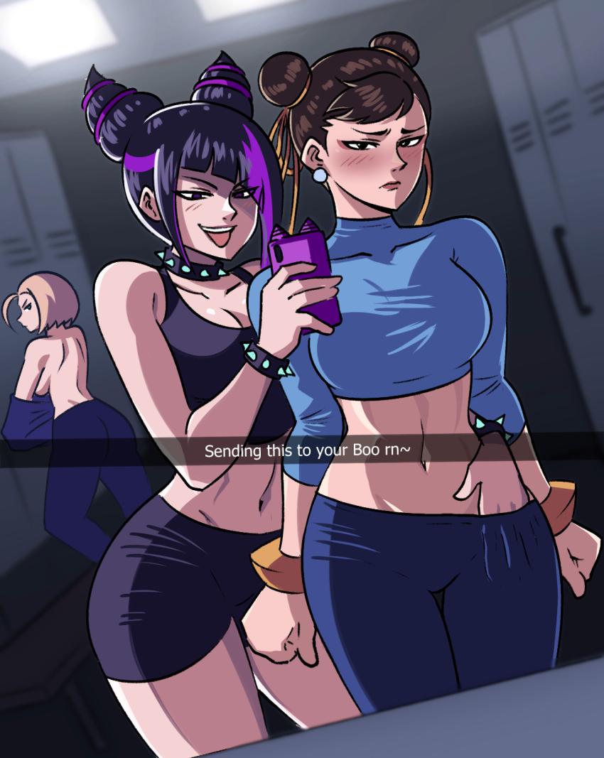 3girls ass black_hair blonde_hair bracelet breasts brown_eyes brown_hair cammy_white capcom cellphone chun-li cleavage collar cone_hair_bun contrapposto crop_top diagonal_bangs double_bun english_text frown grabbing_from_behind groin hair_bun hair_ribbon han_juri hand_under_clothes highres holding holding_phone jewelry large_breasts locker locker_room medium_hair midriff multicolored_hair multiple_girls navel open_mouth pants phone purple_hair ribbon selfie short_shorts shorts sideboob smartphone smartphone_case smile snapchat spiked_bracelet spiked_collar spikes streaked_hair street_fighter street_fighter_6 tina_fate tongue topless_female turtleneck_crop_top two-tone_hair undressing yoga_pants yuri