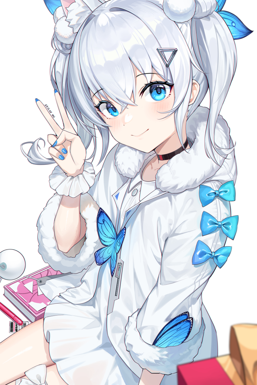 1girl absurdres alternate_hairstyle animal_ears blue_eyes breasts bug butterfly cat_ears closed_mouth collar dated gaosu_gong_lu gift goddess_of_victory:_nikke hair_between_eyes hair_ornament highres insect looking_at_viewer medium_hair n102_(miracle_fairy)_(nikke) n102_(nikke) notebook official_alternate_costume simple_background small_breasts smile twintails v white_hair winged_hair_ornament