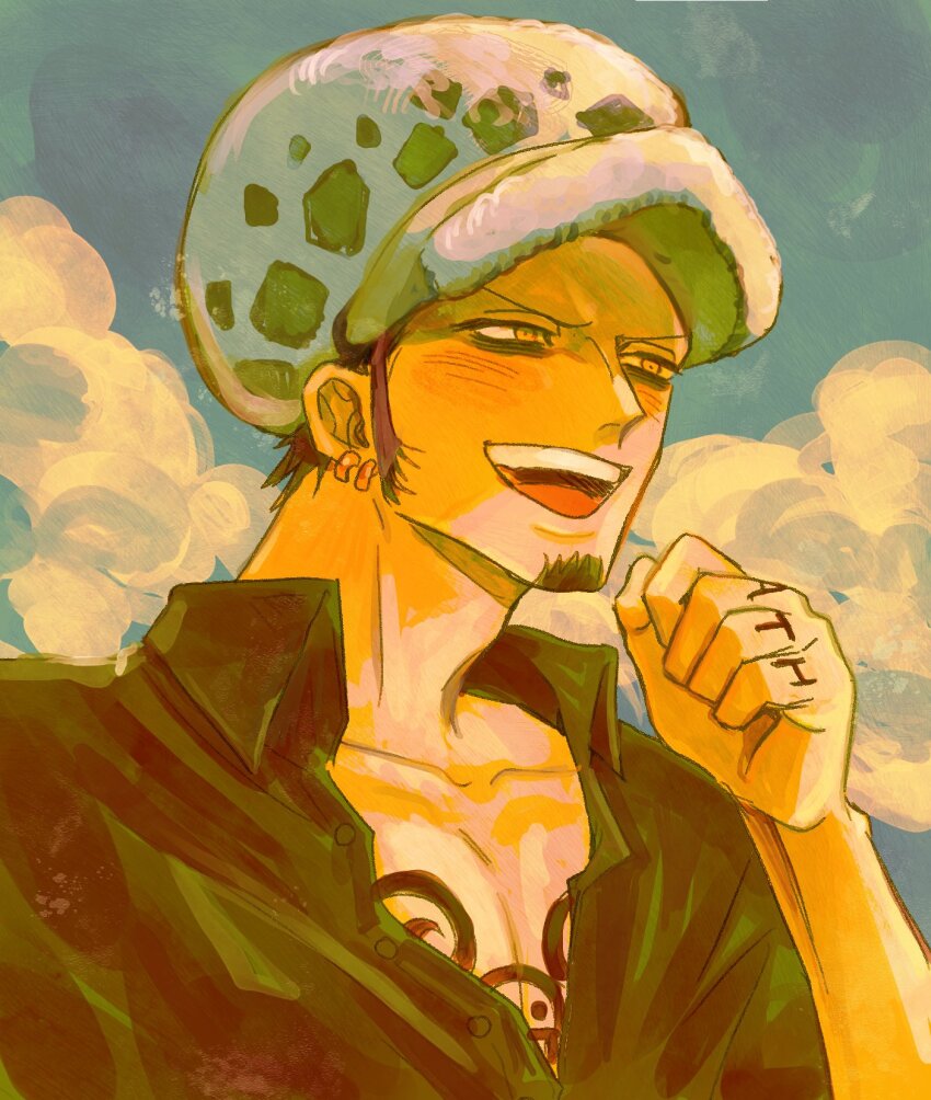 arm_up bare_pectorals black_hair black_shirt blush chest_tattoo cloud collarbone collared_shirt commentary earrings facial_hair finger_tattoo goatee hat highres jewelry laughing looking_ahead multiple_earrings multiple_tattoos one_piece open_mouth pectorals shirt short_hair sideburns sky symbol-only_commentary tattoo teeth tesstessgreen tongue trafalgar_law upper_body upper_teeth_only wing_collar yellow_eyes