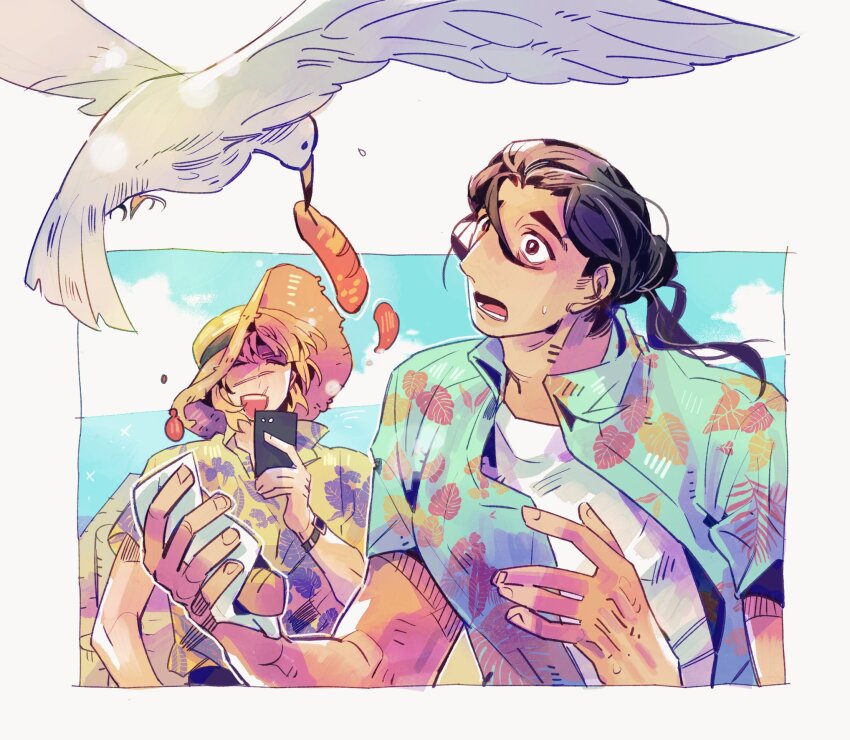 2boys badeni bird black_hair blonde_hair blunt_bangs border bread chi.:_chikyuu_no_undou_ni_tsuite closed_eyes collared_shirt food hair_bun hat hawaiian_shirt highres laughing long_hair male_focus moogyoza multiple_boys oczy open_mouth ponytail print_shirt scar scar_on_face scar_on_mouth scar_on_nose seagull shirt shirt_under_shirt short_hair short_sleeves smile straw_hat sun_hat sweatdrop upper_body white_bird white_border white_shirt wide-eyed