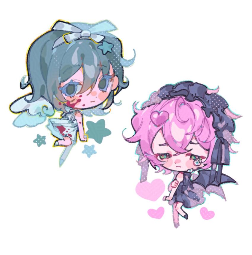 2girls alien_stage black_dress black_hair black_headdress black_wings blue_eyes bow chibi chibi_only closed_mouth commentary demon_wings dilated_pupils dress frown full_body green_eyes hair_bow heart highres mizi_(alien_stage) multiple_girls myun_(myun_art) official_alternate_costume pink_hair short_hair star_(symbol) sua_(alien_stage) tears white_bow white_dress white_wings wings