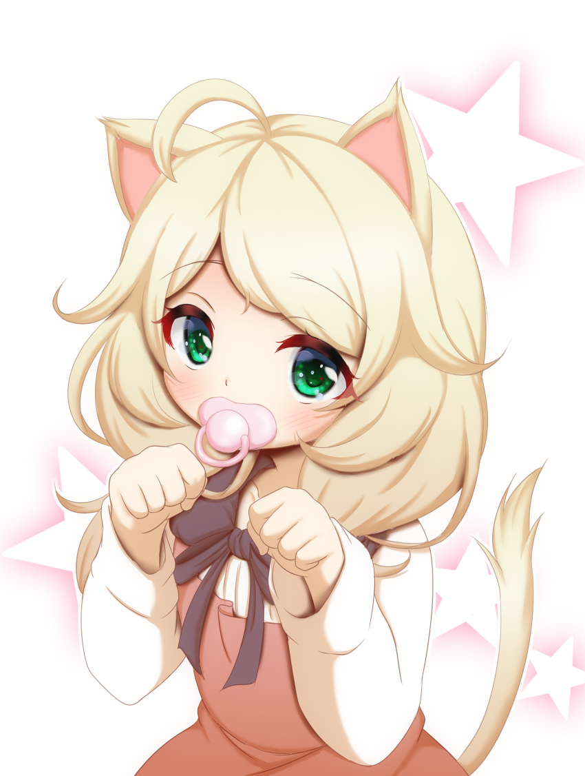 1girl ahoge animal_ears black_bow black_bowtie blonde_hair bow bowtie cat_ears cat_girl cat_tail clenched_hands collared_shirt commentary_request dress green_eyes hair_flaps hands_up highres hosizora_mikoto idolmaster idolmaster_cinderella_girls kemonomimi_mode looking_at_viewer low_twintails medium_hair pacifier paw_pose pinafore_dress pink_dress shirt sleeveless sleeveless_dress solo swept_bangs tail twintails upper_body white_shirt yusa_kozue