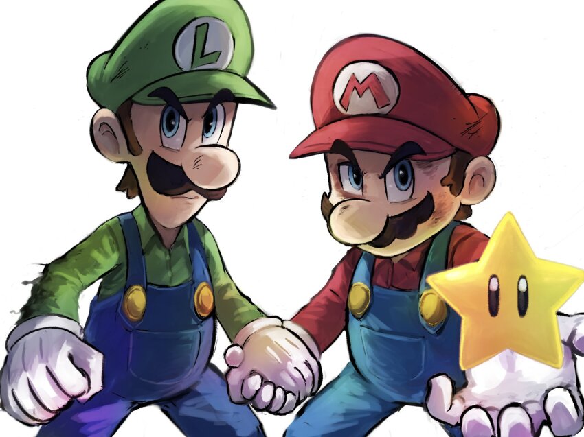 2boys angry blue_eyes blue_overalls brothers brown_hair bruise bruise_on_face bruised_eye facial_hair gloves green_hat green_shirt hand_grab hat highres holding holding_hands holding_star injury long_sleeves looking_at_viewer luigi male_focus mario mario_(series) multiple_boys mustache nintendo overalls red_hat red_shirt shirt short_hair siblings star_(symbol) super_star_(mario) upper_body white_background white_gloves ya_mari_6363