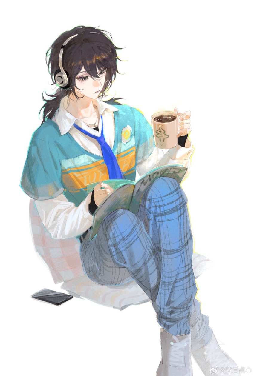 alternate_costume black_eyes black_hair black_undershirt blue_necktie blue_pants blue_shirt book book_on_lap cellphone checkered_clothes checkered_pants christmas_tree_print coffee_mug collarbone collared_shirt crossed_legs cup deren_(path_to_nowhere) headphones highres holding holding_cup knees_up layered_sleeves long_sleeves looking_down low_ponytail luori_dianxin mug necktie on_cushion pants path_to_nowhere phone ponytail print_cup reading shirt shoes short_over_long_sleeves short_sleeves simple_background sitting smartphone sneakers t-shirt watermark weibo_watermark white_background white_footwear white_shirt