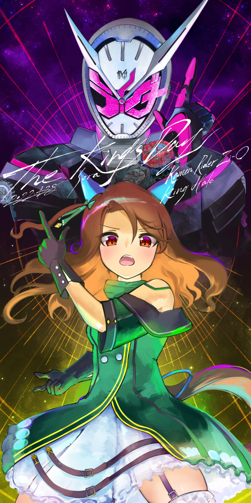 1boy 1girl absurdres animal_ears armor bare_shoulders black_gloves brown_hair character_name cowboy_shot dress ear_covers garter_straps gloves gradient_background green_dress highres horse_ears horse_girl horse_tail kamen_rider kamen_rider_zi-o kamen_rider_zi-o_(series) king_halo_(umamusume) layered_dress looking_at_viewer multicolored_background open_mouth pointing pointing_up power_armor soranooekakiaka tail tokusatsu umamusume wavy_hair