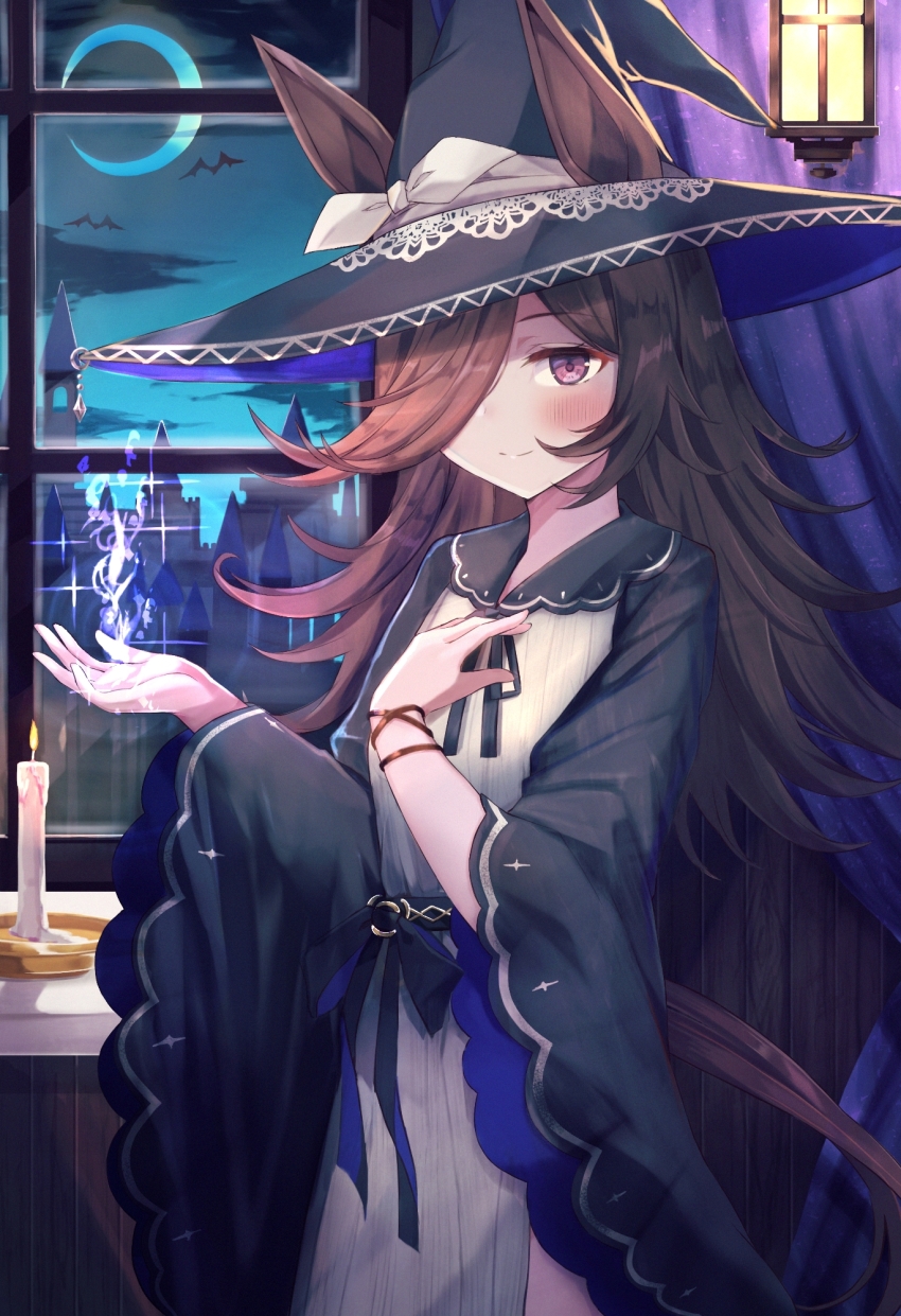 1girl alternate_costume bat_(animal) black_ribbon black_robe bow brown_hair candle commentary cowboy_shot crescent_moon ears_through_headwear eyebrows_hidden_by_hair fire fire hair_over_one_eye halloween hat hat_bow highres horse_girl horse_tail indoors long_hair long_sleeves looking_at_viewer magic moon neck_ribbon night purple_eyes ribbon rice_shower_(umamusume) robe solo spire steeple swept_bangs tail torottye umamusume white_bow wide_sleeves window witch witch_hat