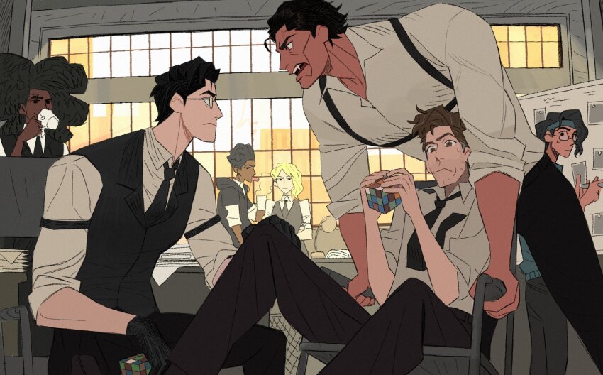 1girl 6+boys beard_stubble black_gloves black_necktie black_pants black_vest blonde_hair brown_hair chinese_commentary collared_shirt commentary_request cup dark-skinned_male dark_skin dingnin98201637 eye_contact facial_hair fangs glasses gloves gwen_stacy headband highres hobie_brown holding holding_cup long_hair looking_at_another marvel miguel_o&#039;hara miles_morales multiple_boys necktie pants pavitr_prabhakar peter_b_parker profile rubik&#039;s_cube shirt short_hair sleeves_rolled_up spider-man:_across_the_spider-verse spider-man_(series) spider-man_noir spider-verse stubble vest white_shirt