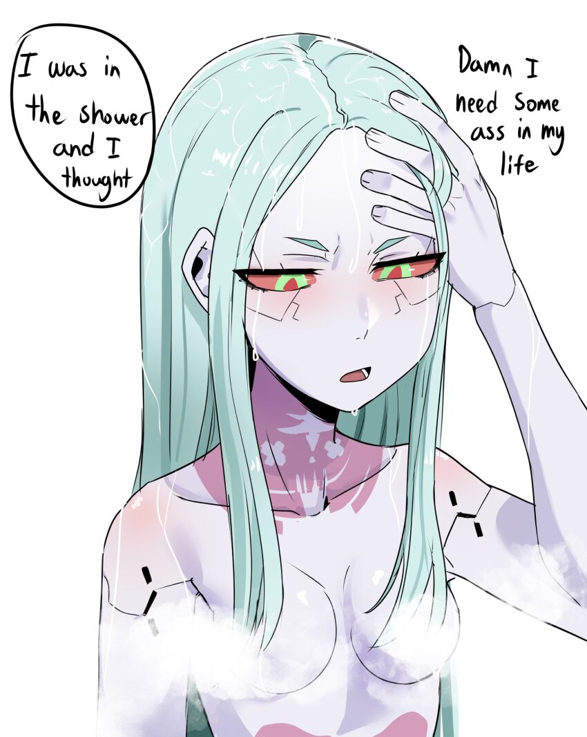 1girl 2023 20s bare_shoulders blush breasts collarbone completely_nude convenient_censoring cyberpunk_(series) cyberpunk_edgerunners cyborg english_text green_hair highres kaneyarts long_hair looking_down nude open_mouth pale_skin rebecca_(cyberpunk) red_eyes showering simple_background small_breasts solo steam steam_censor talking upper_body wet white_background