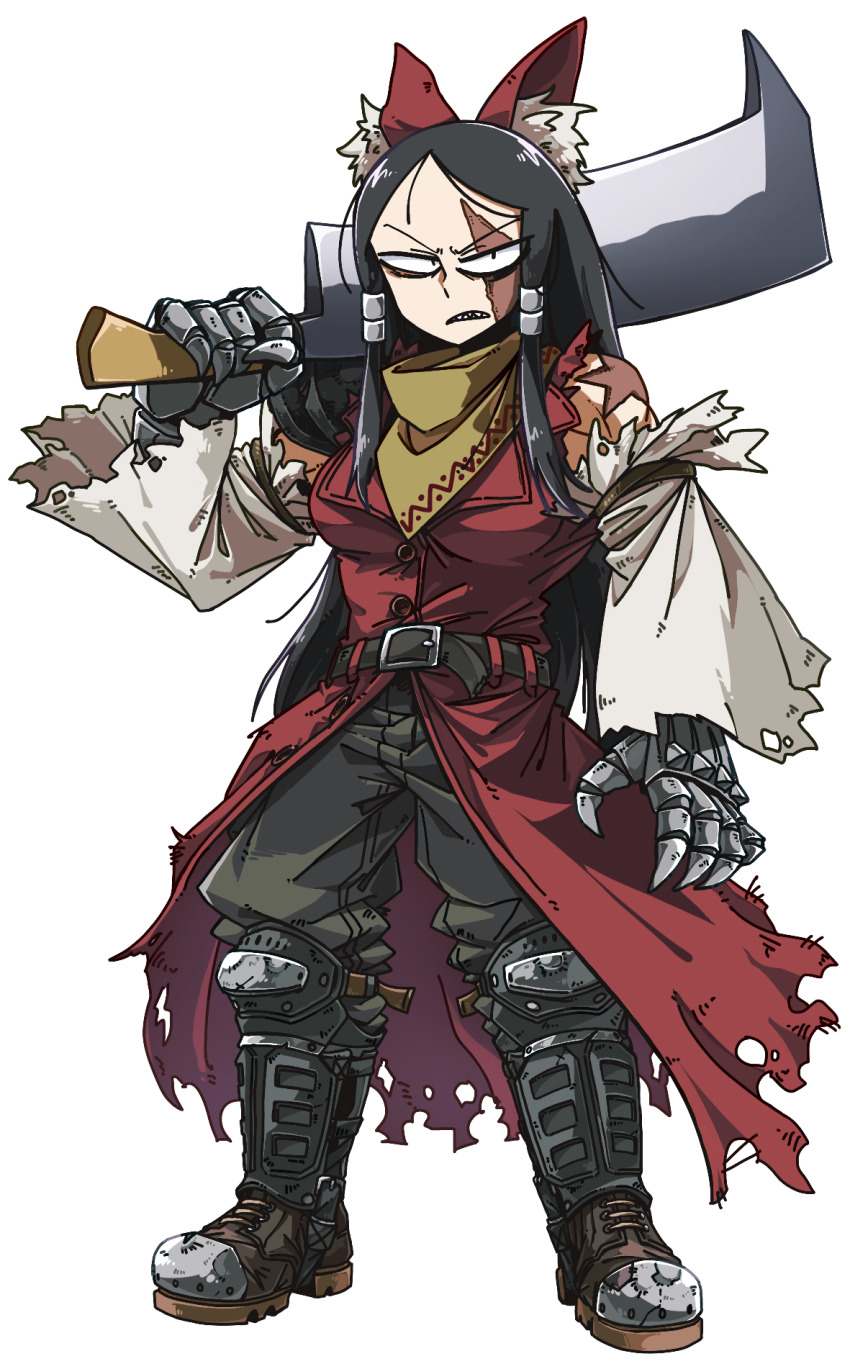 1girl amerika_zarigani armored_boots bags_under_eyes bandana belt black_belt black_hair black_pants boots breasts burn_scar buttons cleaver coat constricted_pupils cookie_(touhou) detached_sleeves full_body gauntlets glaring hakurei_reimu highres holding holding_sword holding_weapon large_breasts long_hair looking_at_viewer pants red_coat scar scar_across_eye scar_on_face sharp_teeth sidelocks simple_background solo standing swept_bangs sword teeth torn_clothes torn_coat torn_sleeves touhou transparent_background v-shaped_eyebrows weapon white_sleeves yellow_bandana yuki_haruka