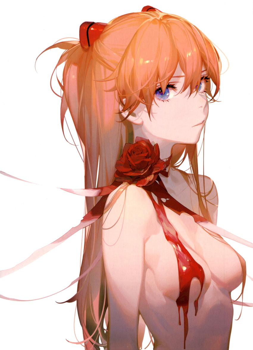 1girl absurdres ask_(askzy) blood blue_eyes closed_mouth flower highres long_hair neon_genesis_evangelion nude orange_hair red_flower red_rose rose solo souryuu_asuka_langley white_background