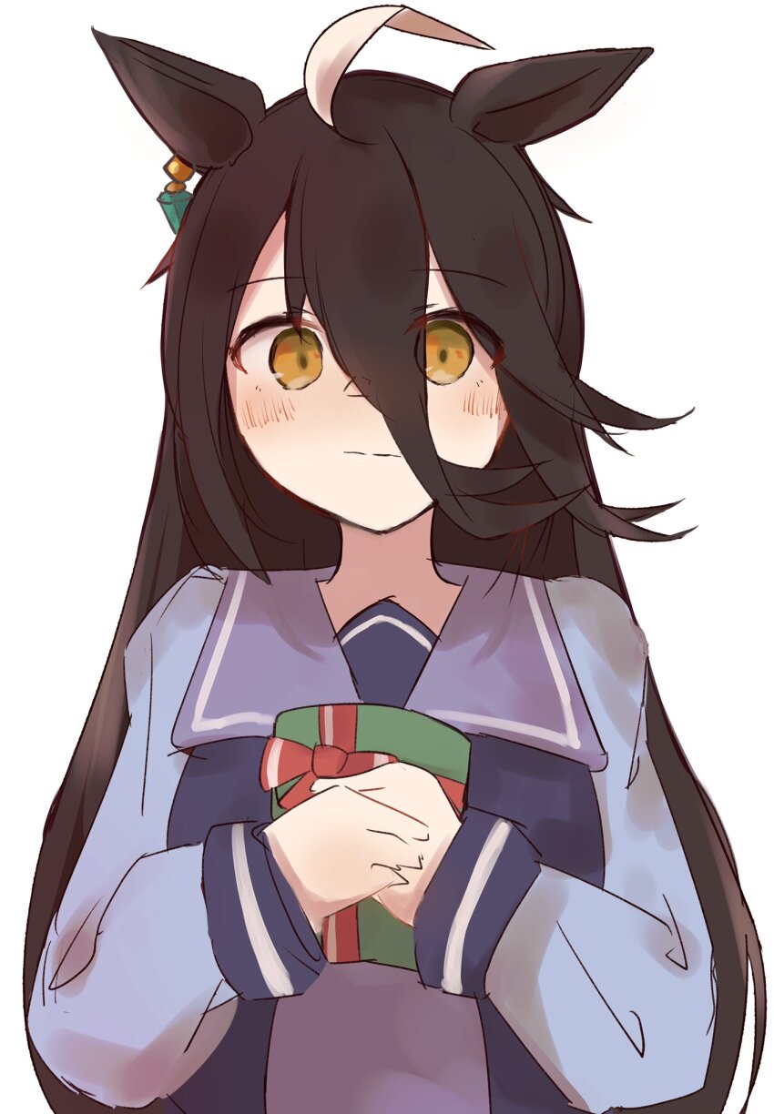 1girl ahoge animal_ears black_hair blue_eyeliner blush box box_of_chocolates chocolate ear_tag earrings eyelashes eyeliner gift gift_box hair_between_eyes happy_valentine highres holding holding_box holding_gift horse_ears horse_girl izi_dw jewelry long_bangs long_hair long_sleeves makeup manhattan_cafe_(umamusume) multicolored_hair nervous purple_serafuku purple_shirt sailor_collar sailor_shirt school_uniform serafuku shirt simple_background single_earring socks solo tracen_school_uniform umamusume valentine white_background white_hair yellow_eyes