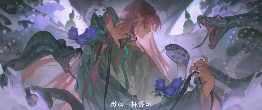1boy absurdres animal aqua_coat arm_behind_head black_ribbon brown_eyes chinese_clothes chinese_commentary coat coat_partially_removed cobra_(animal) code:_kite daxiushan earrings flower from_behind giant_snake green_robe grey_background guanglingwang hair_between_eyes hands_up hanfu highres holding holding_ribbon jewelry long_hair long_sleeves looking_at_viewer looking_back m_iumiu1224 male_focus mole mole_under_eye oversized_animal parted_lips pink_hair profile purple_flower ribbon ring robe scales seal_impression sideways_glance silhouette smile snake snake_earrings solo upper_body watermark weibo_watermark wide_sleeves yuan_ji_(code:_kite)