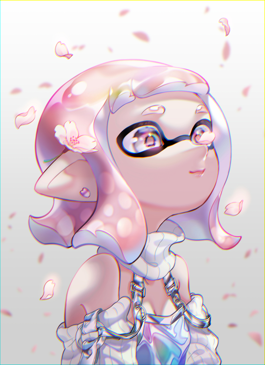 1girl blunt_bangs blunt_ends cherry_blossoms closed_mouth clothing_cutout commentary_request earrings highres inkling inkling_girl inkling_player_character iria_(yumeirokingyo) jewelry medium_hair nintendo petals pink_eyes pink_hair pointy_ears shirt shoulder_cutout signature smile solo splatoon_(series) tentacle_hair turtleneck white_shirt
