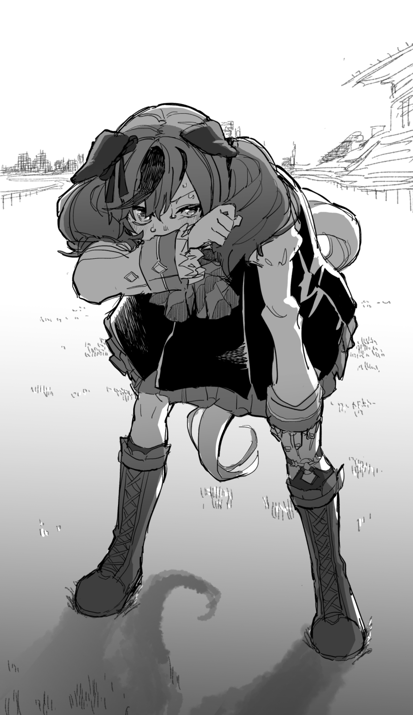 1girl animal_ears bent_over boots covered_mouth dress ear_covers ears_down full_body greyscale hand_on_own_knee highres horse_ears horse_girl horse_tail juliet_sleeves long_sleeves looking_at_viewer monochrome nice_nature_(umamusume) okachi outdoors puffy_sleeves shadow shirt solo standing sweat tail umamusume v-shaped_eyebrows wiping_sweat