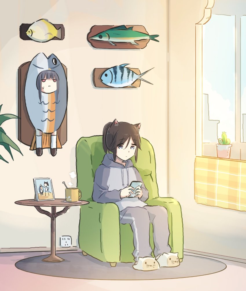 2girls animal_ears blue_eyes brown_hair cactus cat_ears cat_slippers cellphone cloud cloudy_sky cup electrical_outlet fish fish_costume grey_hair grey_hoodie hibike!_euphonium highres holding holding_phone hood hoodie indoors kasaki_nozomi liz_to_aoi_tori long_hair lyy medium_hair mug multiple_girls pants phone photo_(object) picture_frame pink_eyes plant plaque ponytail potted_plant rug sitting sky slippers smartphone smoke steam sweat sweatdrop sweatpants table tropical_fish yoroizuka_mizore