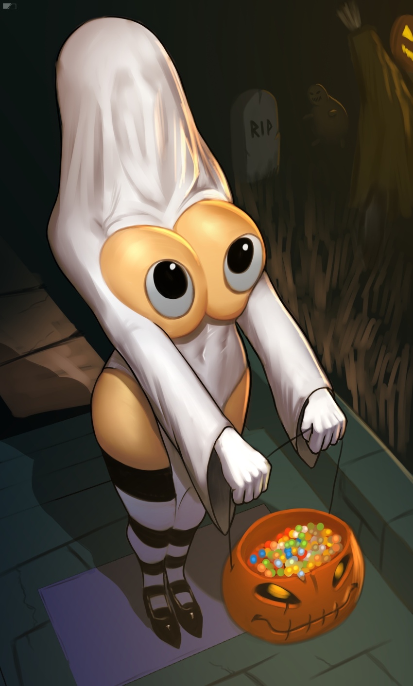 1girl black_shoes breasts candy chira_(chiaroscuro) covered_face facing_viewer food full_body ghost gloves grass grave halloween highres holding large_breasts long_sleeves original outdoors pumpkin shoes solo standing striped_clothes striped_thighhighs thighhighs trick_or_treat white_gloves