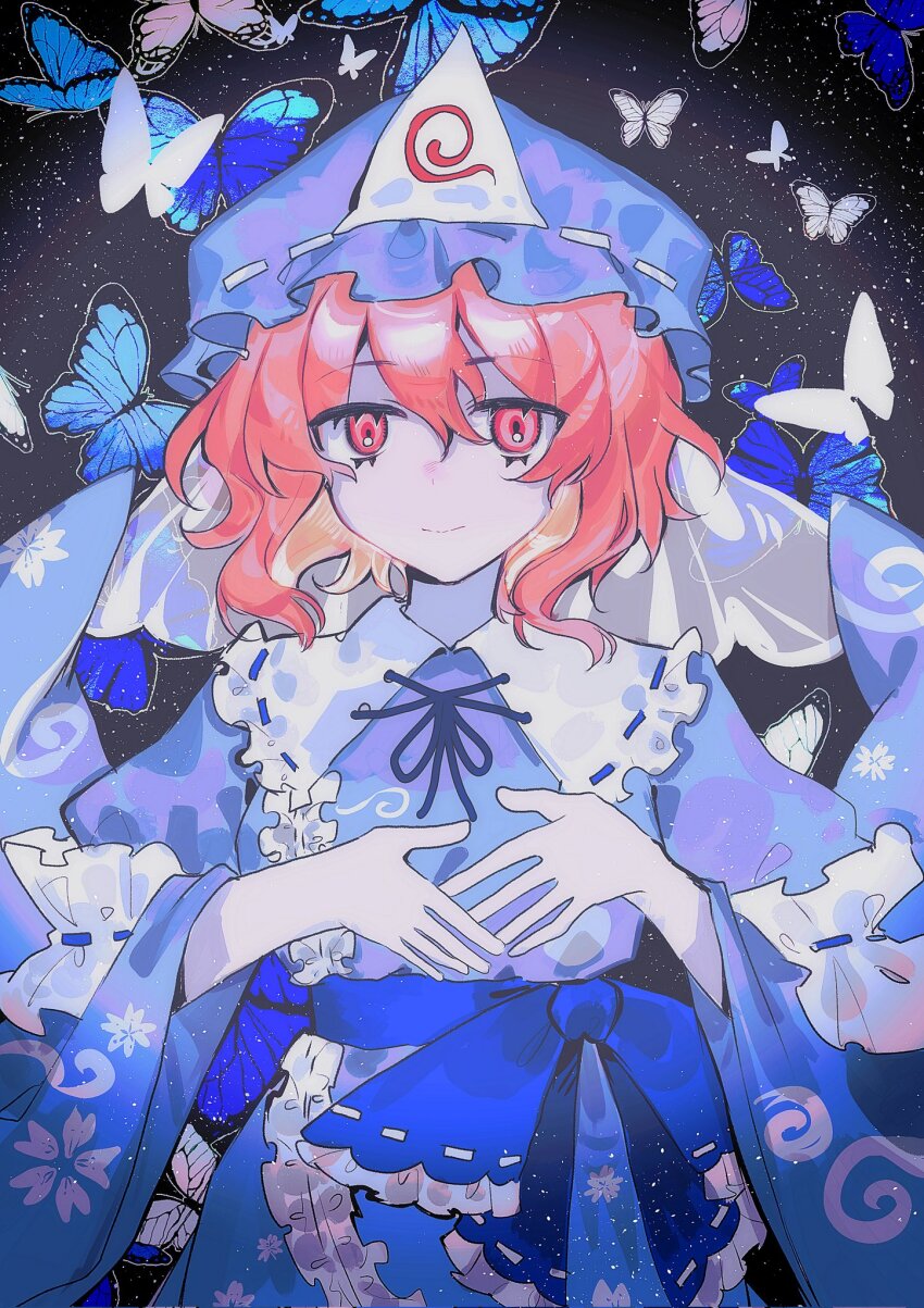 1girl akasasachii blue_bow blue_butterfly blue_dress blue_hat blue_ribbon blue_sash bow bug butterfly closed_mouth collared_dress dress frilled_hat frilled_shirt_collar frills hands_up hat highres insect juliet_sleeves long_sleeves looking_at_viewer mob_cap neck_ribbon pink_eyes pink_hair puffy_sleeves ribbon saigyouji_yuyuko sash sash_bow short_hair sidelocks smile solo touhou triangular_headpiece wavy_hair white_butterfly wide_sleeves