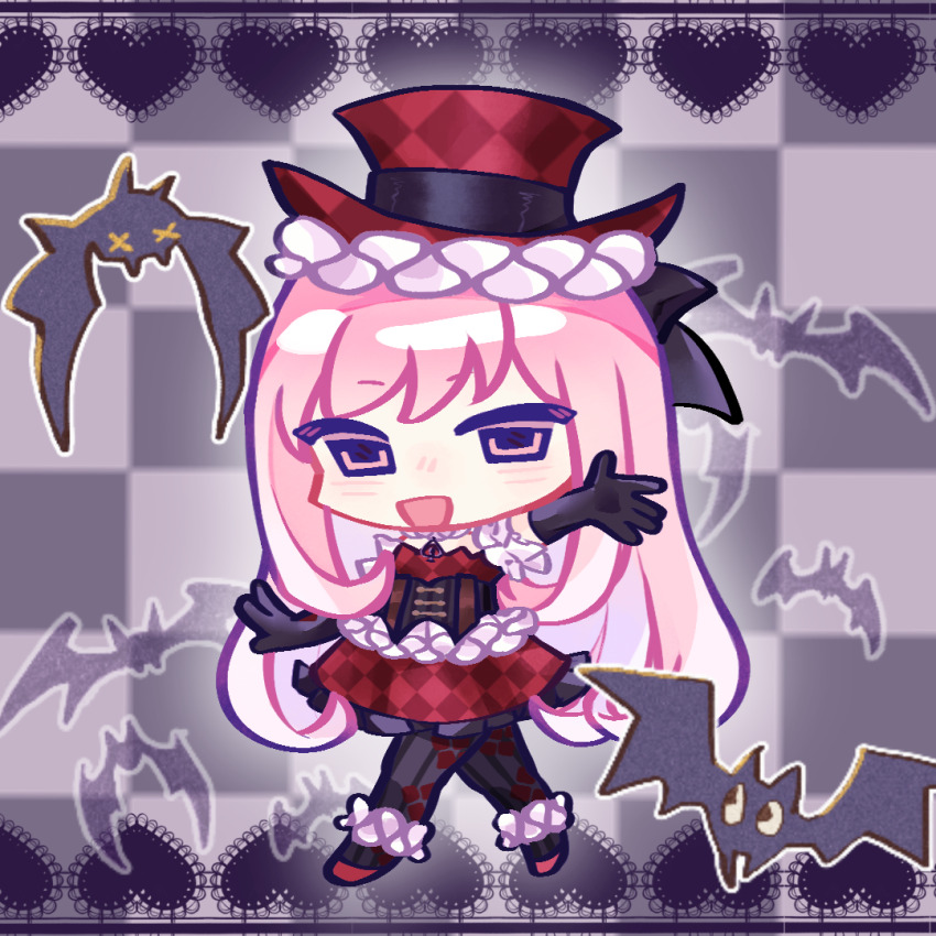 1girl argyle_clothes argyle_dress argyle_hat bat_(animal) black_background black_border black_bow black_corset black_gloves black_pantyhose border bow brown_corset brown_eyes checkered_background chibi chinese_commentary commentary_request corset detached_sleeves dress elbow_gloves floral_print frilled_anklet frilled_corset frilled_dress frilled_headwear frilled_sleeves frills gloves grey_background hair_bow haroi hat heart_border lace lace_border letterboxed light_blush long_hair miracle_nikki nikki_(nikki) nikki_(series) open_mouth ornate_border outline outside_border outstretched_arms pantyhose pink_hair print_pantyhose red_dress red_hat red_shoes shoes short_sleeves sidelocks smile solo straight_hair strapless strapless_dress striped_clothes striped_pantyhose top_hat two-tone_background two-tone_corset unmoving_pattern vertical-striped_clothes vertical-striped_pantyhose very_long_hair white_outline white_sleeves
