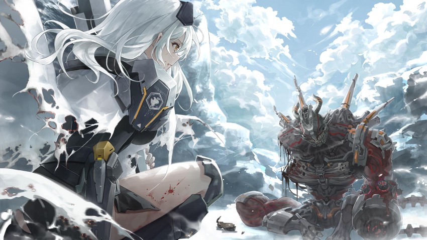 1girl 1other after_battle armor armored_boots blood boots chatterbox_(nikke) cloak damaged goddess_of_victory:_nikke hair_between_eyes highres long_hair outdoors rapture_(nikke) robot roha shoulder_armor sky snow_white_(nikke) torn_cloak torn_clothes white_cloak white_hair yellow_eyes
