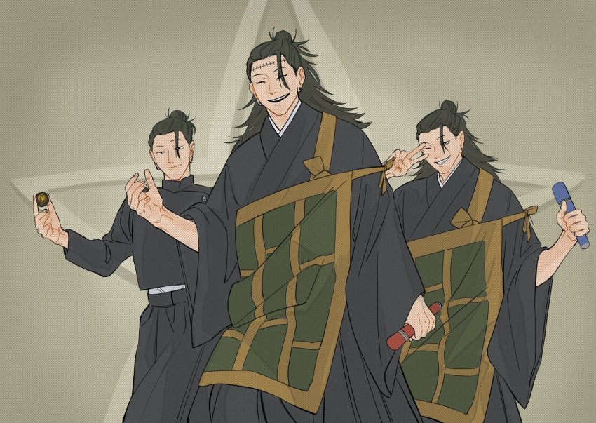 3boys ^_^ ball black_eyes black_hair black_jacket black_kimono black_pants closed_eyes closed_mouth cowboy_shot ear_piercing fuse_(2sau3) gakuran getou_suguru getou_suguru_(kenjaku) grey_background grin hair_bun hair_pulled_back hand_up highres holding jacket japanese_clothes jujutsu_kaisen kimono long_hair long_sleeves looking_at_viewer male_focus multiple_boys multiple_persona one_eye_closed open_mouth pants piercing school_uniform short_hair single_hair_bun smile standing stitches tsurime v v_over_eye wide_sleeves
