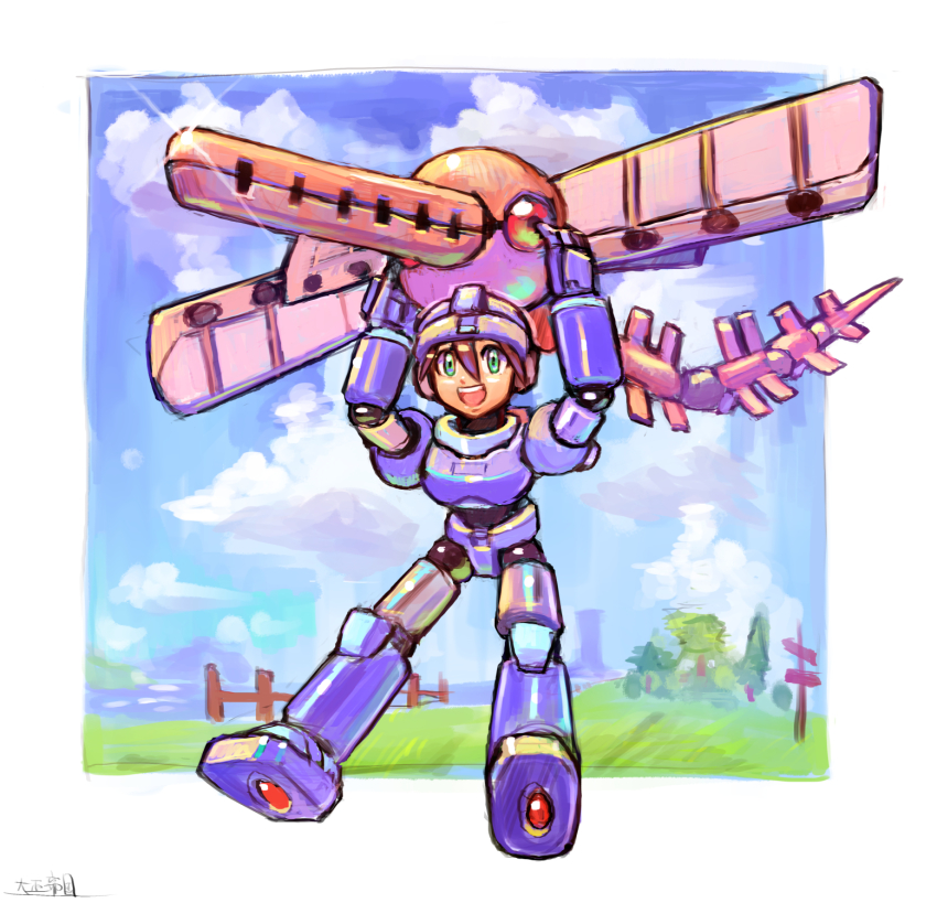 1boy armor brown_hair capcom green_eyes hang_gliding helmet highres looking_at_viewer male_focus mega_man_(series) mega_man_legends_(series) mega_man_volnutt oomasa_teikoku open_mouth outdoors robot solo solo_focus standing