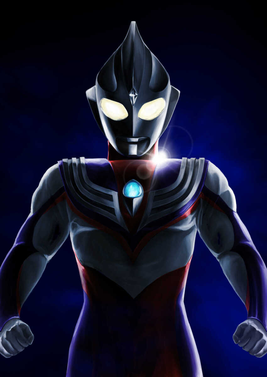 1boy alien armor breastplate clenched_hands color_timer colored_skin commentary compound_eyes cowboy_shot crystal dark_background dark_persona dorsal_fin forehead_jewel gattyo gem glowing glowing_eyes grey_skin highres lens_flare looking_at_viewer looking_down male_focus multicolored_skin pectorals purple_skin red_skin silver_skin silver_trim solo standing tokusatsu ultra_series ultraman_tiga ultraman_tiga:_the_final_odyssey ultraman_tiga_(series) ultraman_tiga_(tiga_blast) wrinkled_skin yellow_eyes