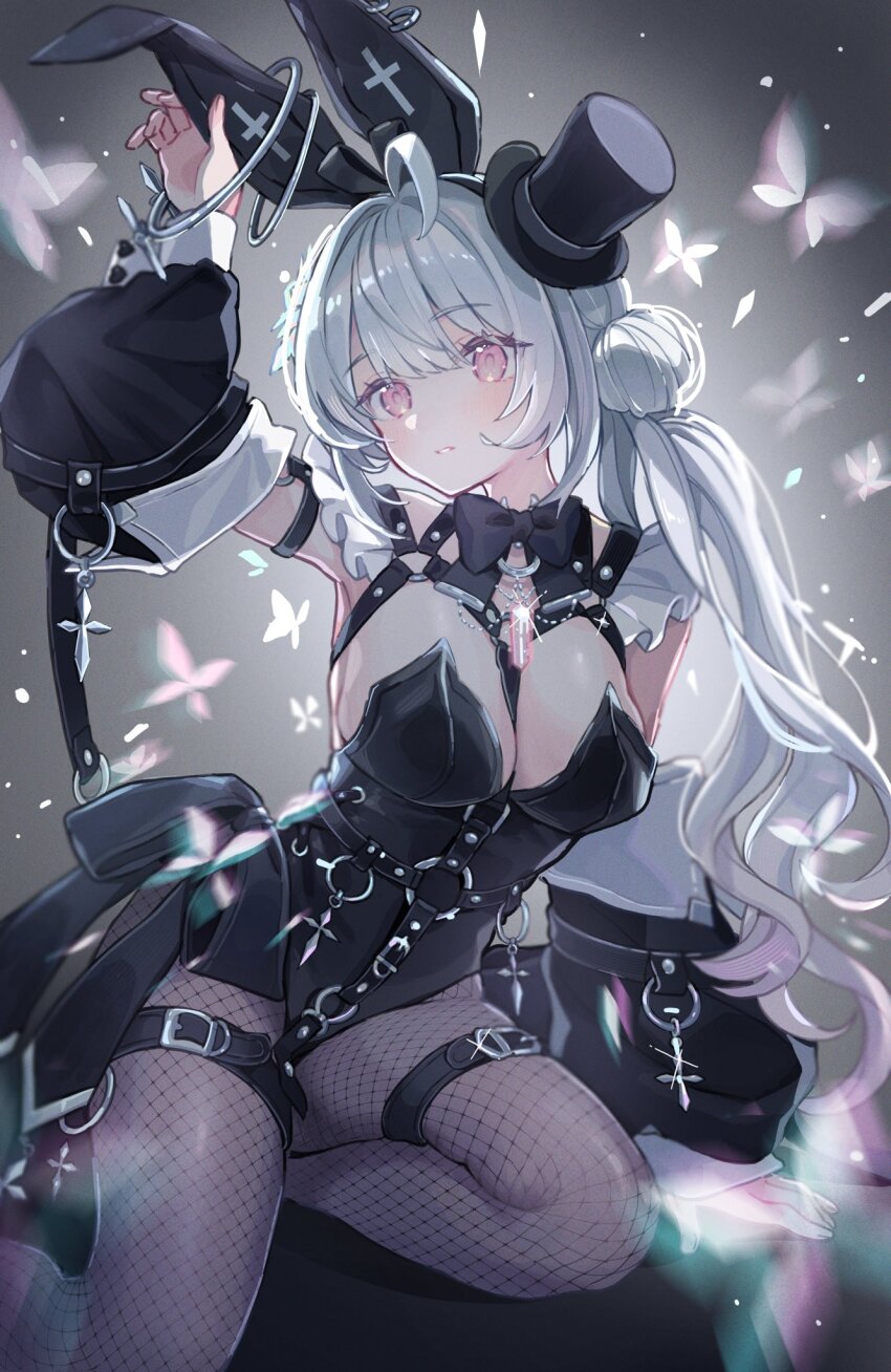 1girl ahoge animal_ears ban_(one_ban7241) black_bow black_leotard black_pantyhose blush bow breasts chain cleavage closed_mouth detached_sleeves fishnet_pantyhose fishnets hat highres large_breasts leotard long_hair looking_at_viewer nontraditional_playboy_bunny original pantyhose pink_eyes playboy_bunny rabbit_ears solo thigh_strap very_long_hair white_hair